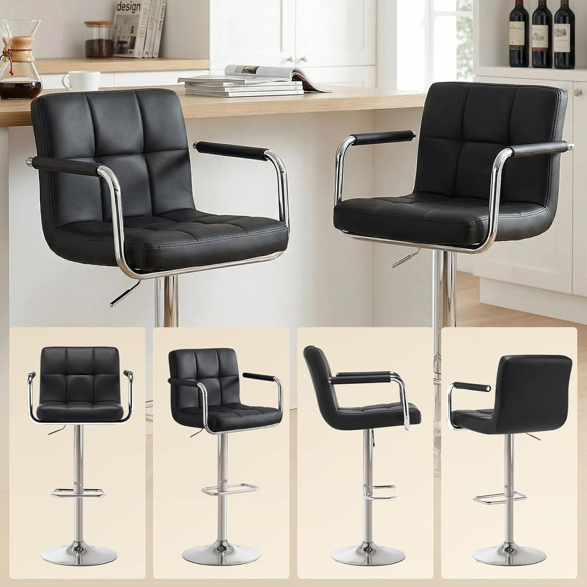 Barhocker Set 4er – Höhenverstellbar, Schwarz in Lederoptik