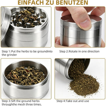 Edelstahl Kräutermühle 55mm – 4-teilig mit Pollen Scraper