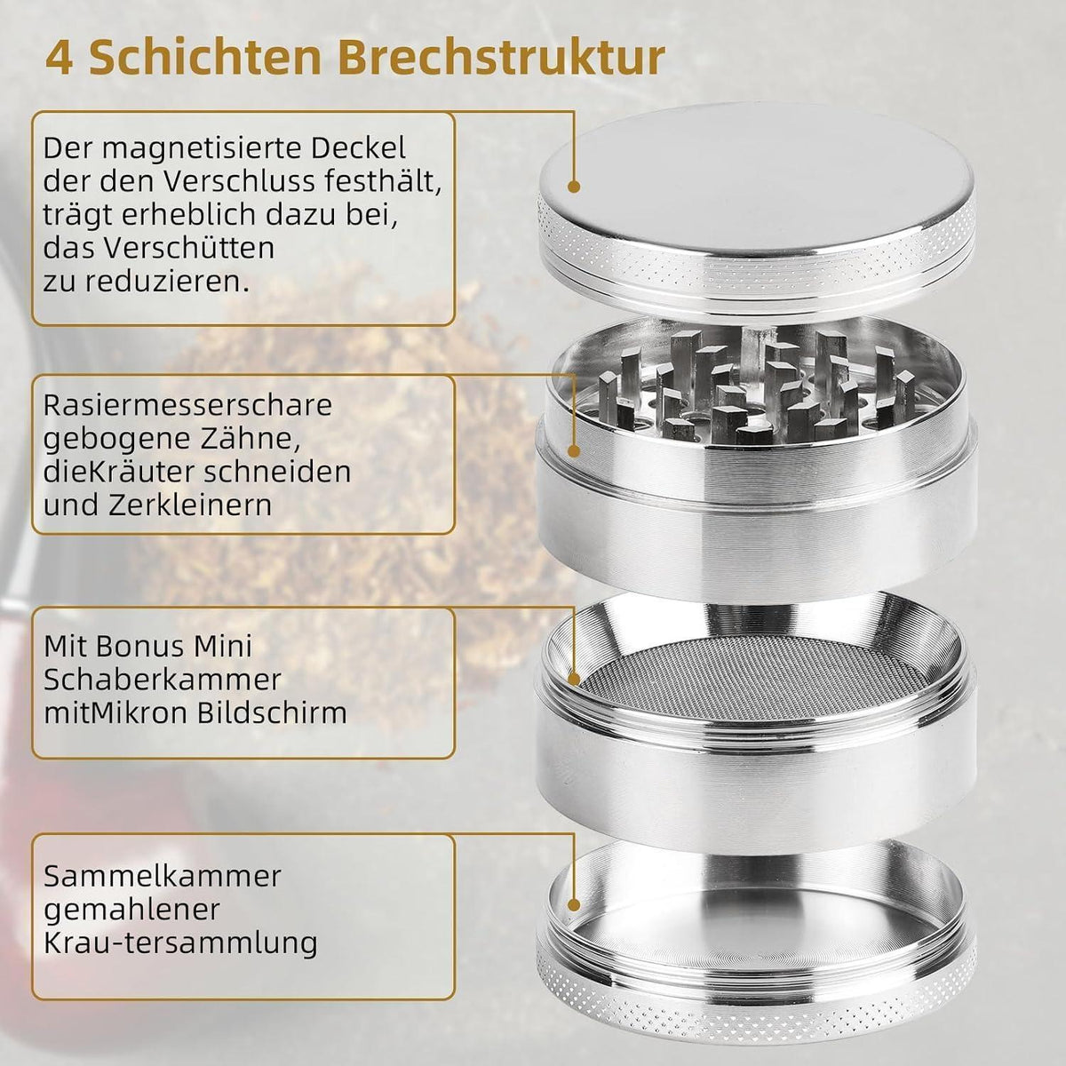 Edelstahl Kräutermühle 55mm – 4-teilig mit Pollen Scraper