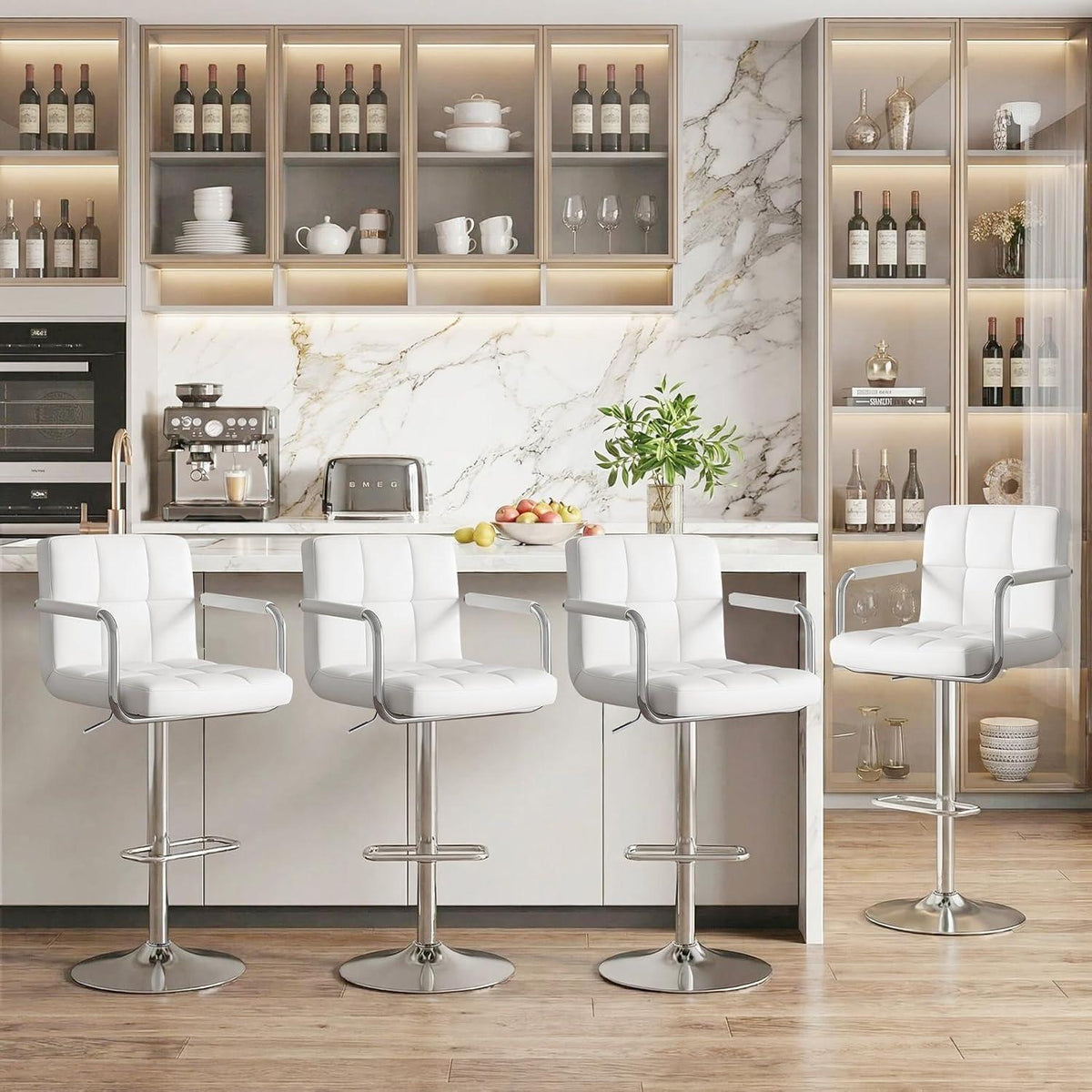 Barhocker Set 4er – Höhenverstellbar, Weiß in Lederoptik