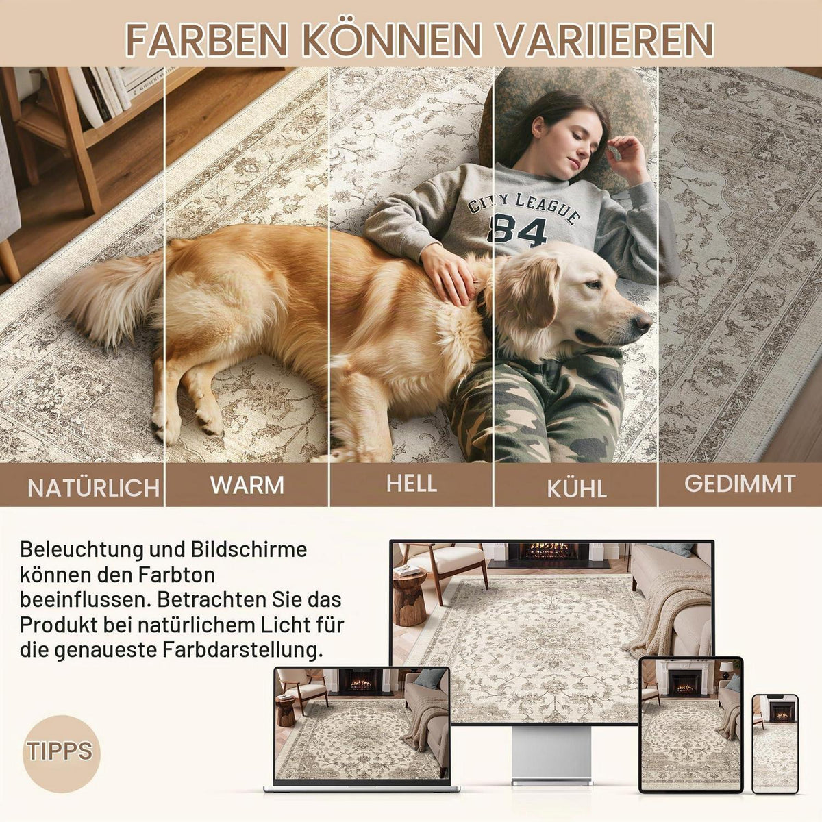 Vintage Teppich Waschbar 160x230cm – Beigebraun