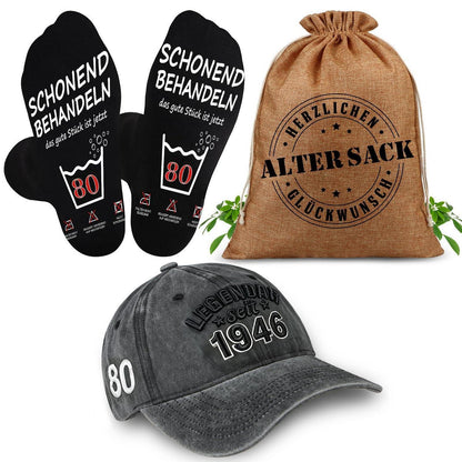 Geschenkset 80. Geburtstag Mann: Alter Sack mit Cap & Socken