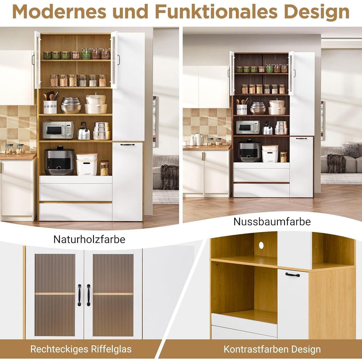 Highboard Weiß & Natur mit Schubladen & Regalböden