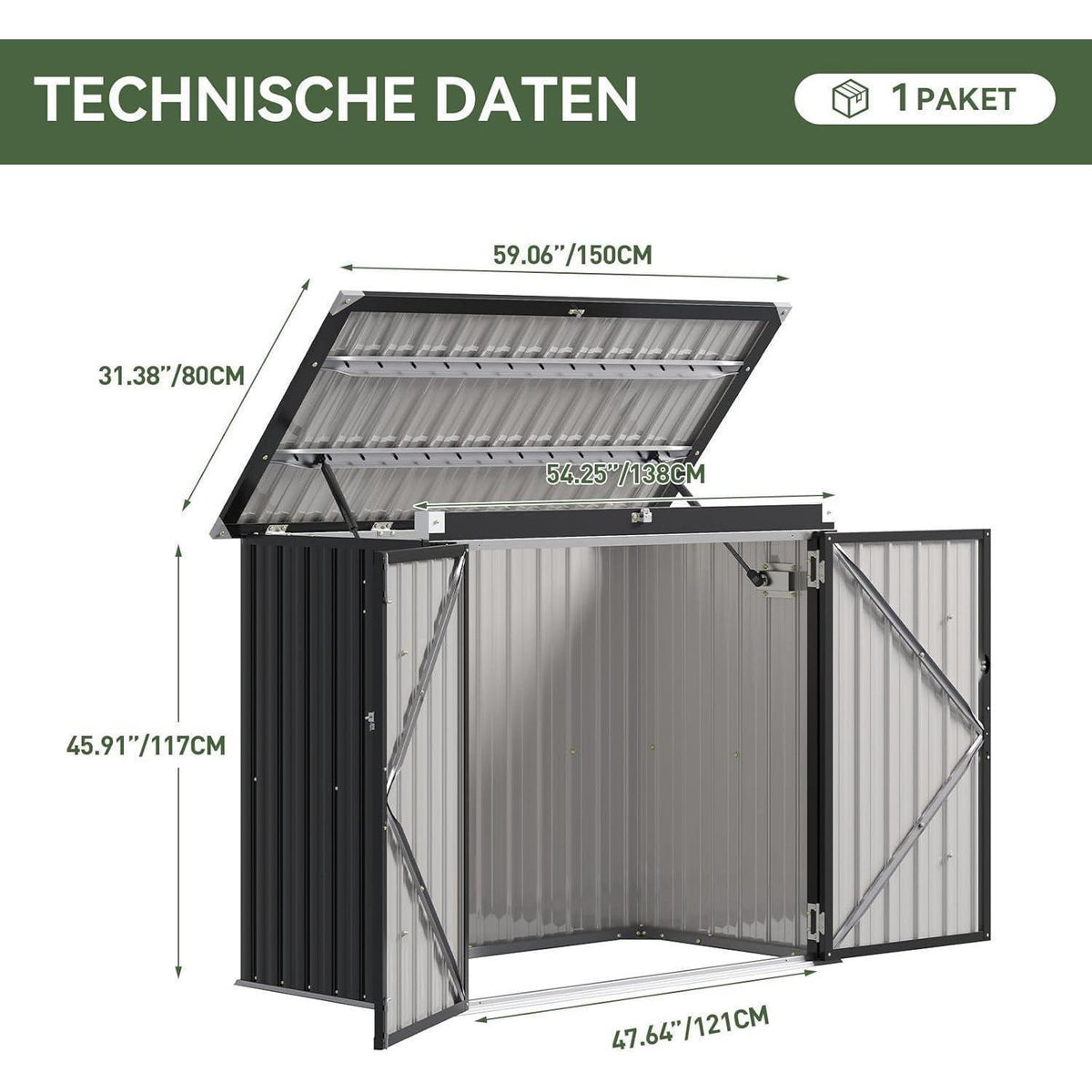 Gerätehaus Metall 150x117x80 – Wetterfester Gartenschrank mit Deckel