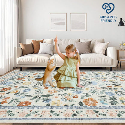 Waschbarer Teppich Floral Grün 140x200 cm – Rutschfest & Pflegeleicht