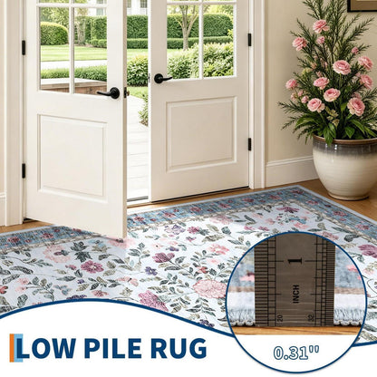 Waschbarer Teppich Floral Blau 140x200 cm – Rutschfest & Pflegeleicht