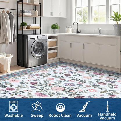 Waschbarer Teppich Floral Blau 140x200 cm – Rutschfest & Pflegeleicht