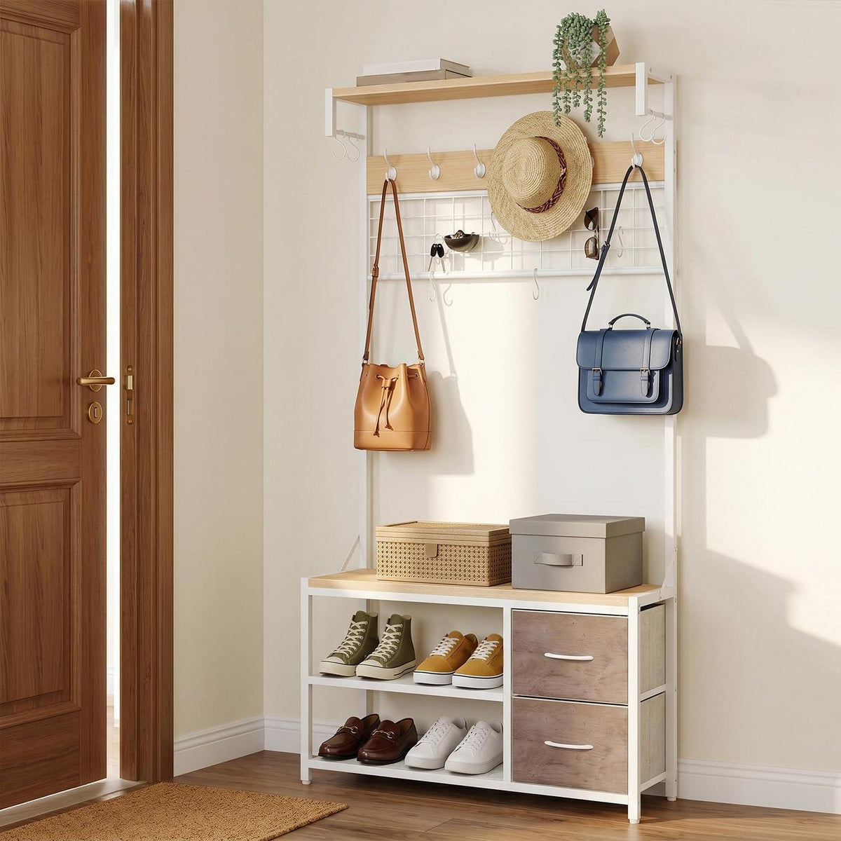 Garderobenständer mit Schuhbank & Haken – Weiß & Holzfarbe