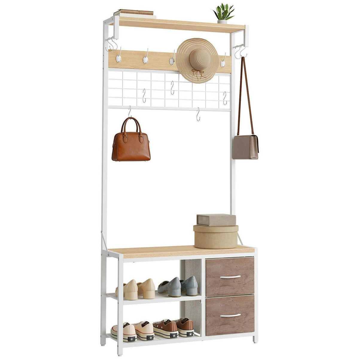 Garderobenständer mit Schuhbank & Haken – Weiß & Holzfarbe