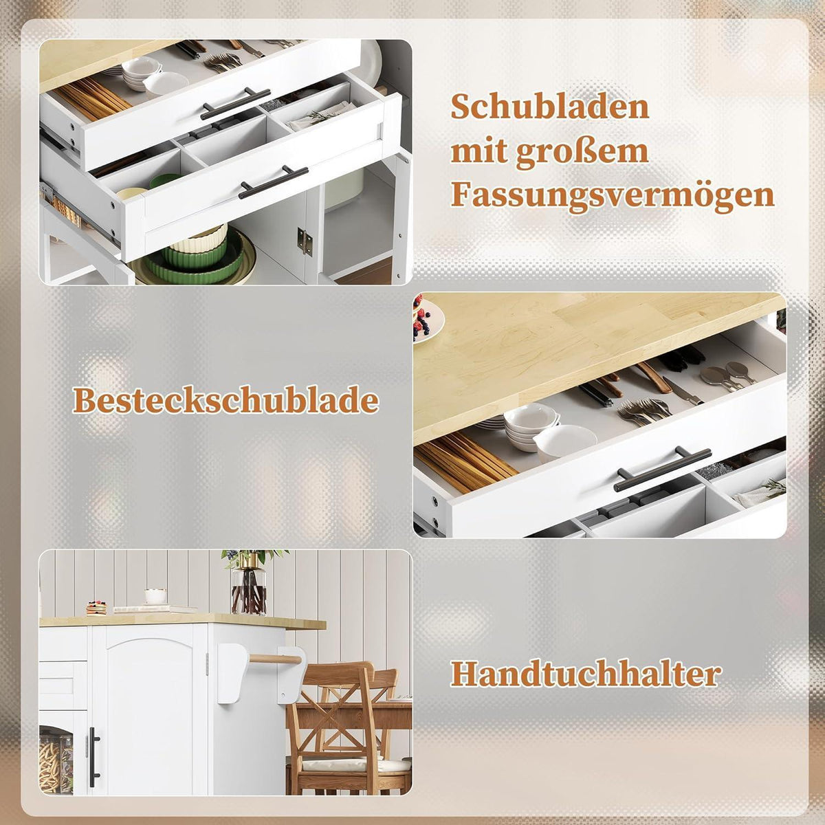 Kücheninsel Weiß, Rollbar mit Arbeitsplatte & Stauraum