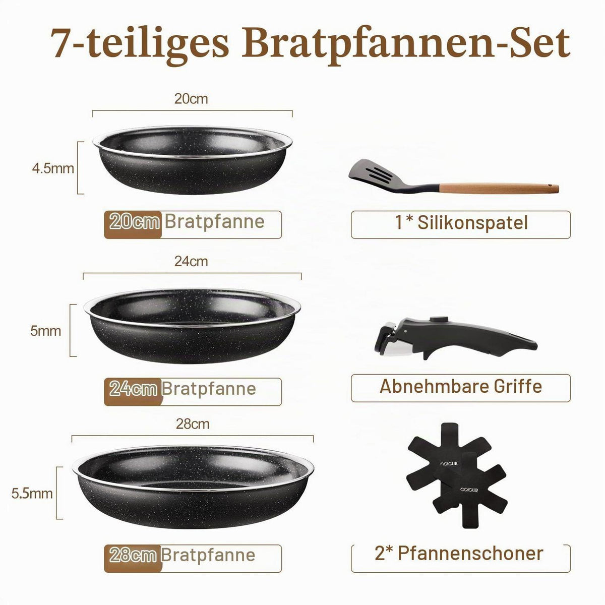 7-teiliges Keramik Pfannenset mit Abnehmbarem Griff