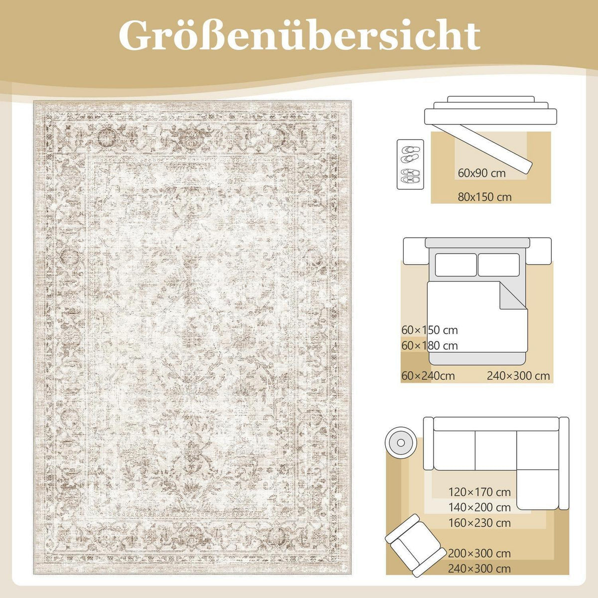 Vintage Teppich Läufer 60x240 cm Beige | Waschbar & Rutschfest