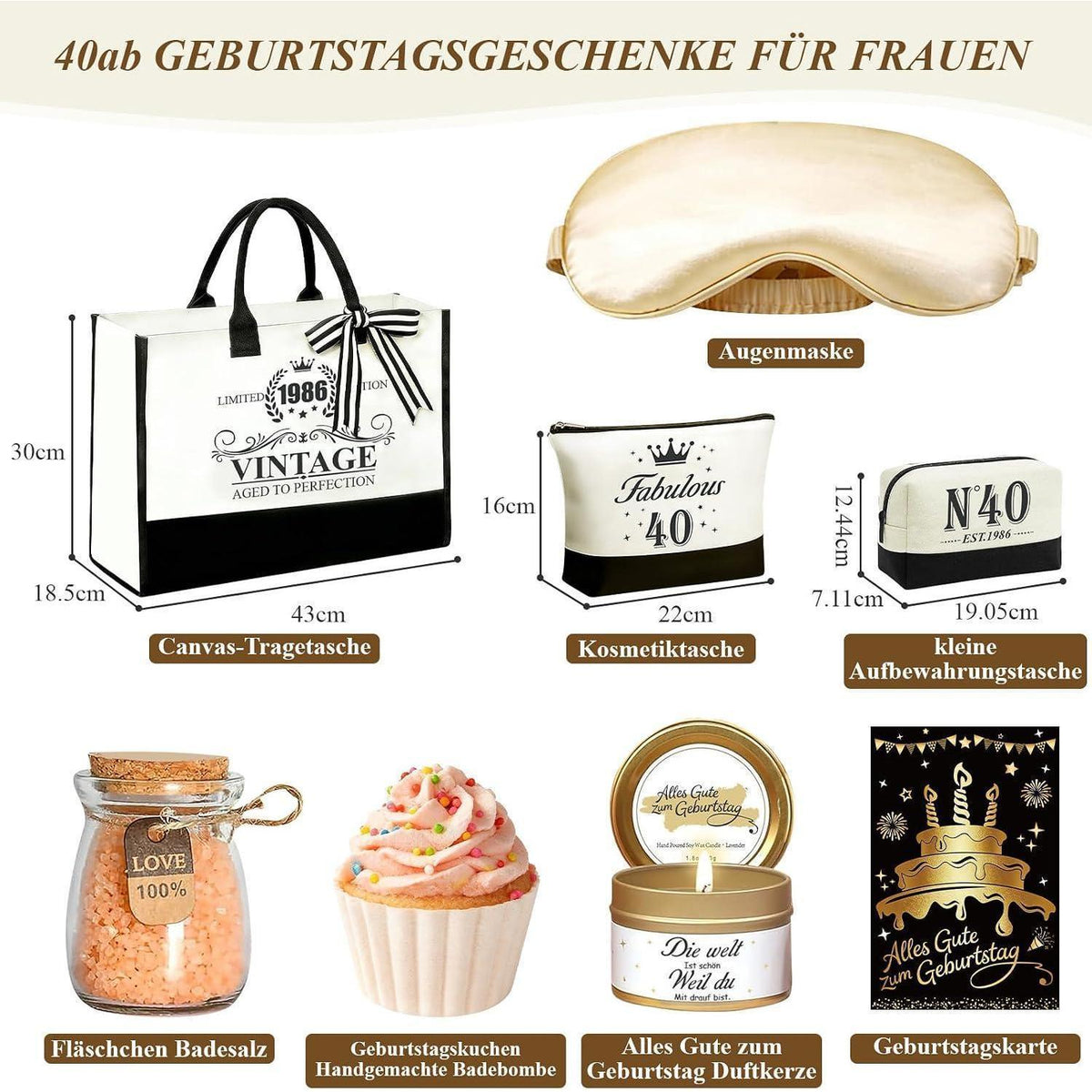 40. Geburtstag Geschenkset für Frauen – 9tlg. mit Tasche & Wellness