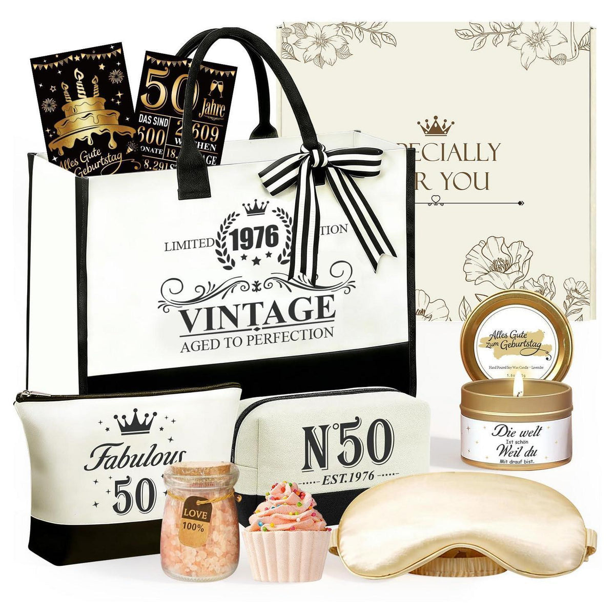 50. Geburtstag Geschenk Frau - 9tlg. Wellness Set mit Vintage Tasche