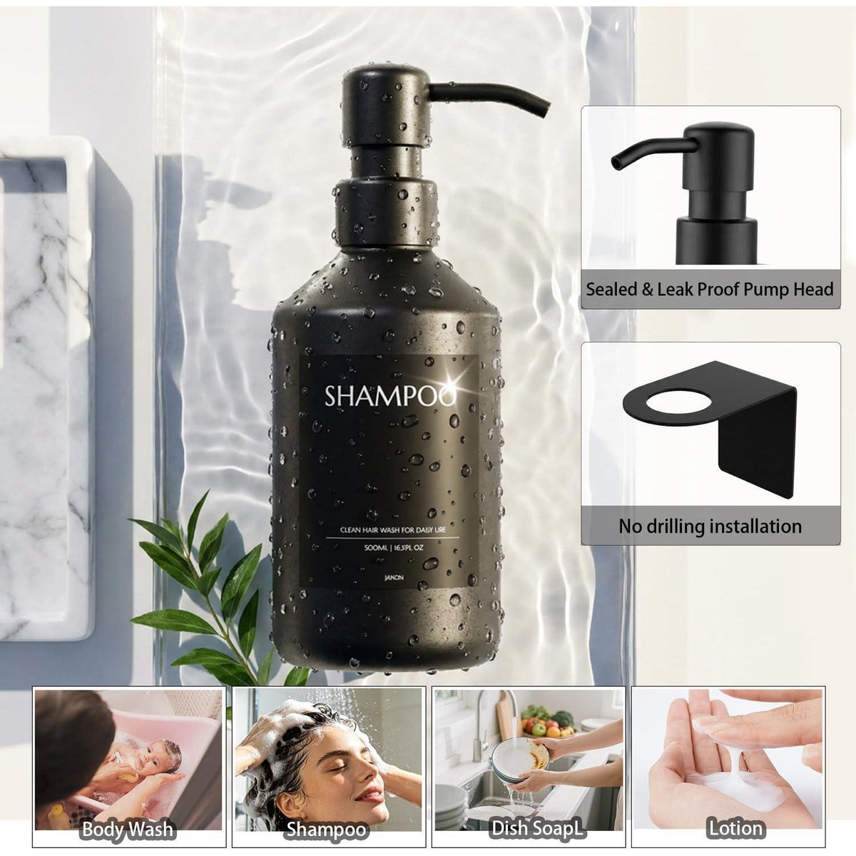 Bohrfrei Seifenspender Set Schwarz | Wand & Stand | 500ml