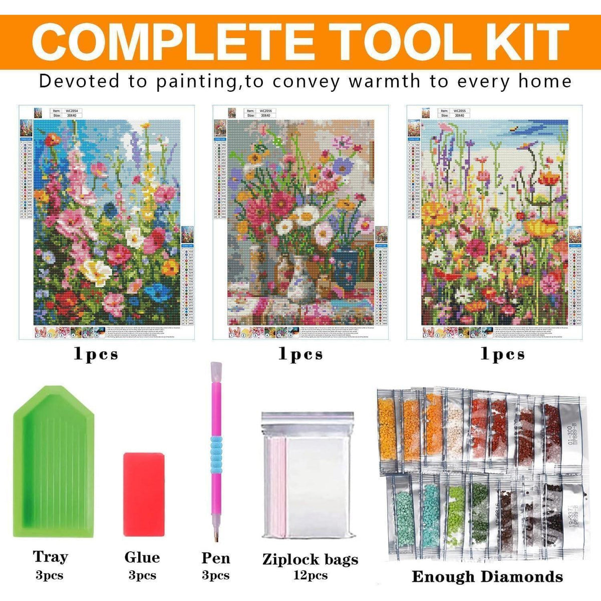 Diamond Painting Set 3er Blumen 5D für Erwachsene 30x40 cm