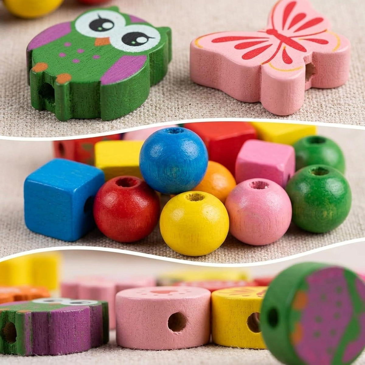 400 Holzperlen Set zum Auffädeln – Bunte DIY Bastelperlen für Kinder