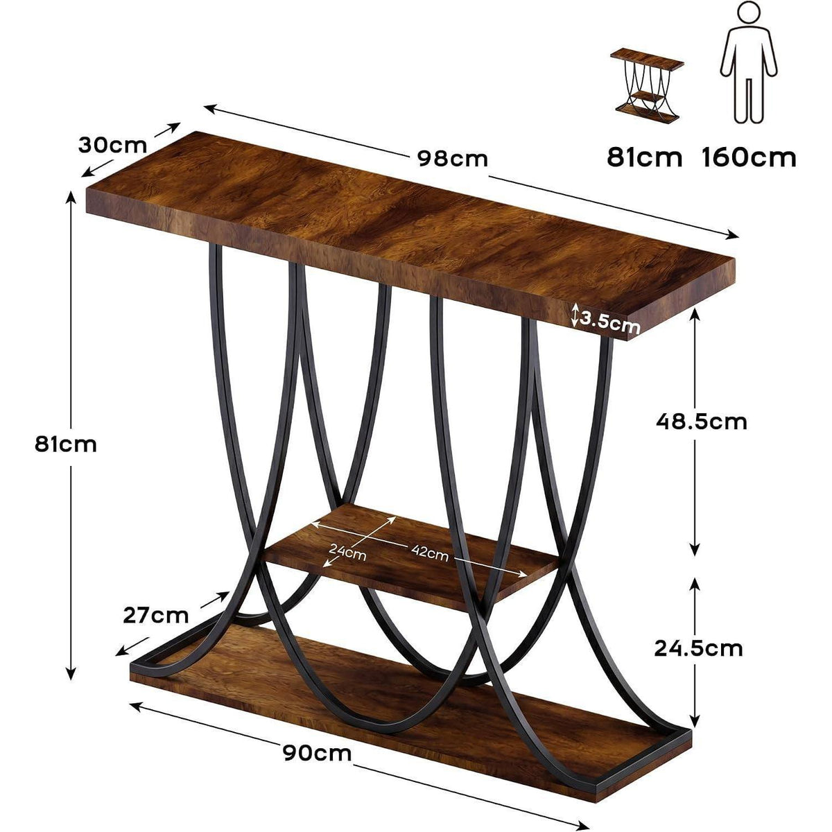 Konsolentisch 98cm Schwarz | Industrie Konsole mit Ablageflächen