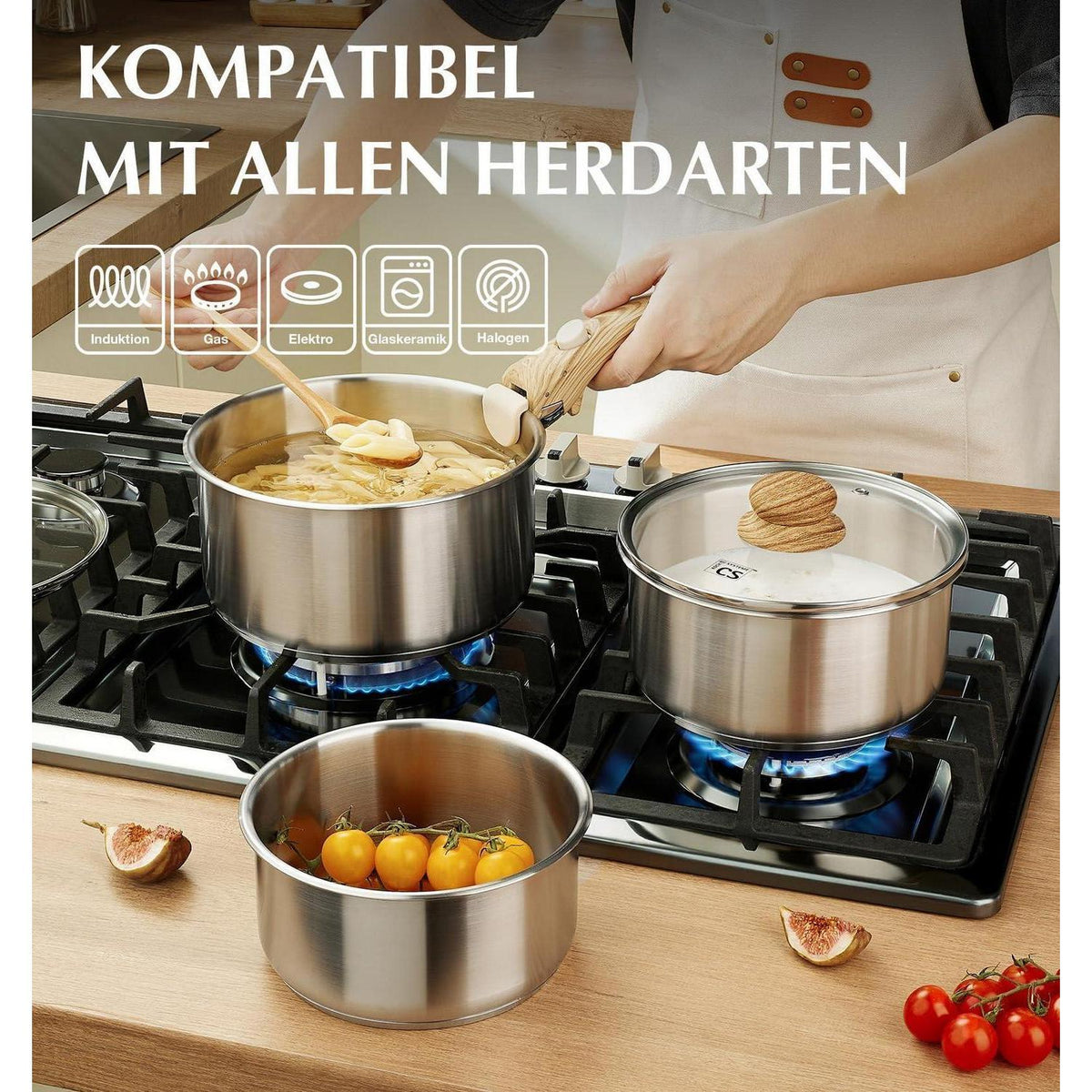 Edelstahl Topfset 7-teilig mit abnehmbarem Griff