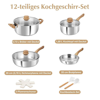 12-teiliges Edelstahl Kochset mit Tri-Ply Boden