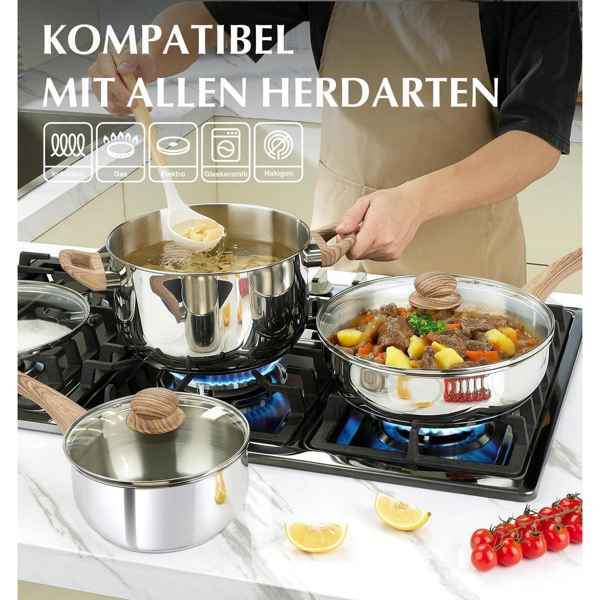 12-teiliges Edelstahl Kochset mit Tri-Ply Boden