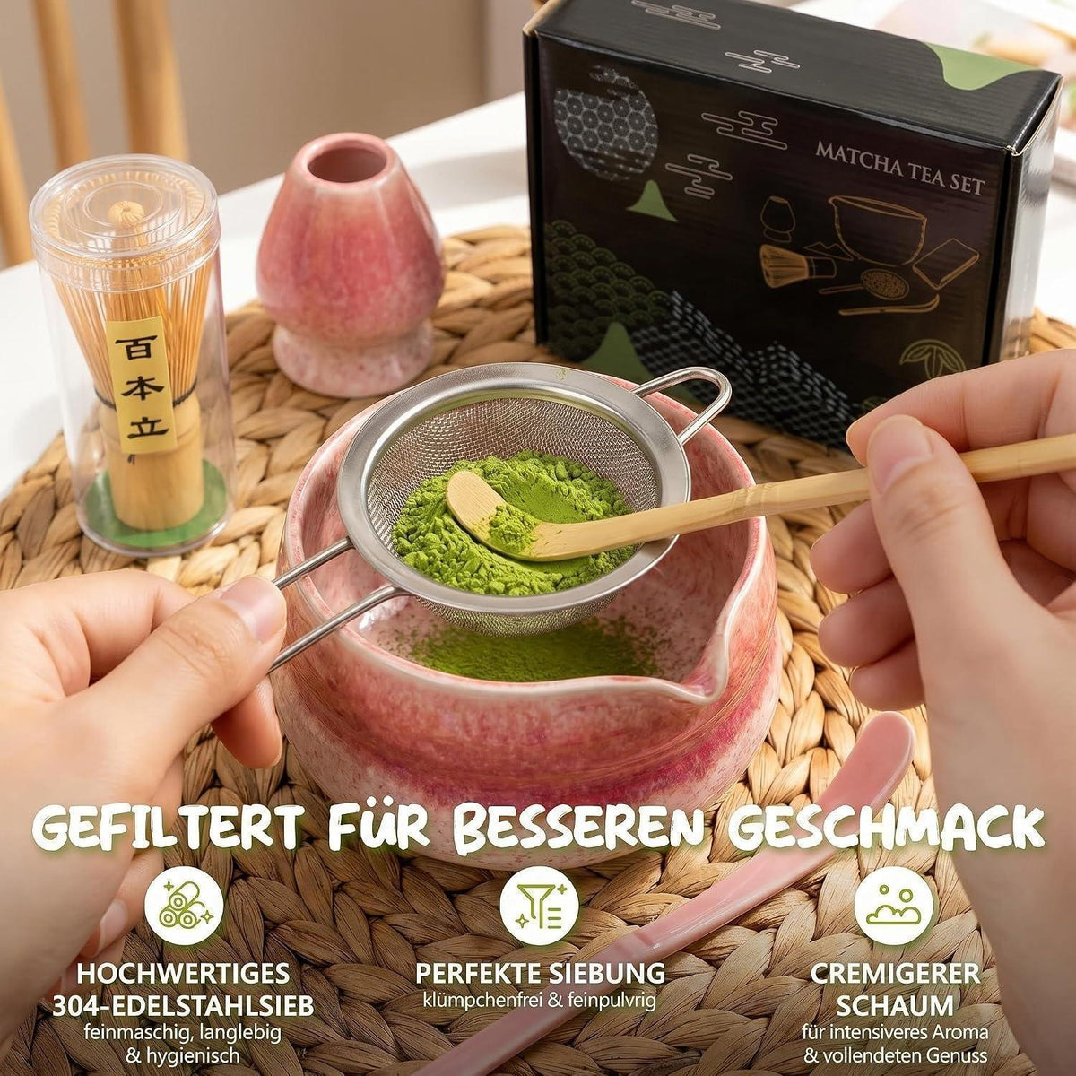 Matcha Set 8-teilig Premium – Rosa Farbverlauf Teezeremonie