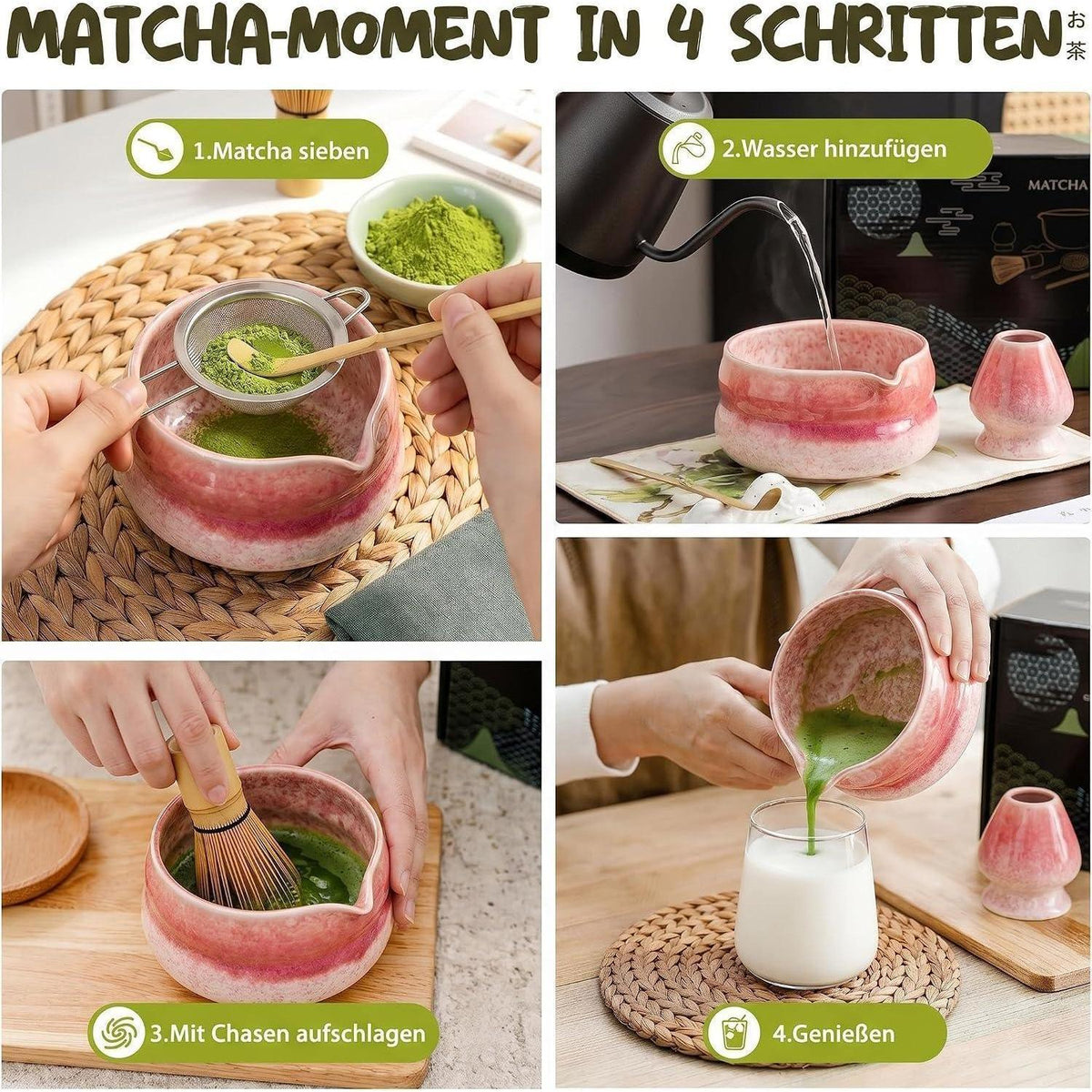 Matcha Set 8-teilig Premium – Rosa Farbverlauf Teezeremonie
