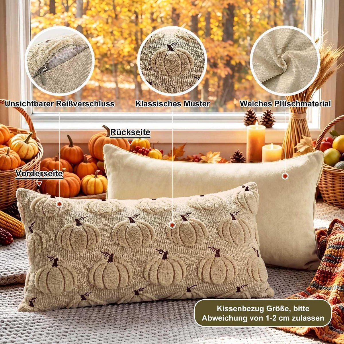 2x Kissenbezug Herbst Kürbis 40x60 cm - Beige