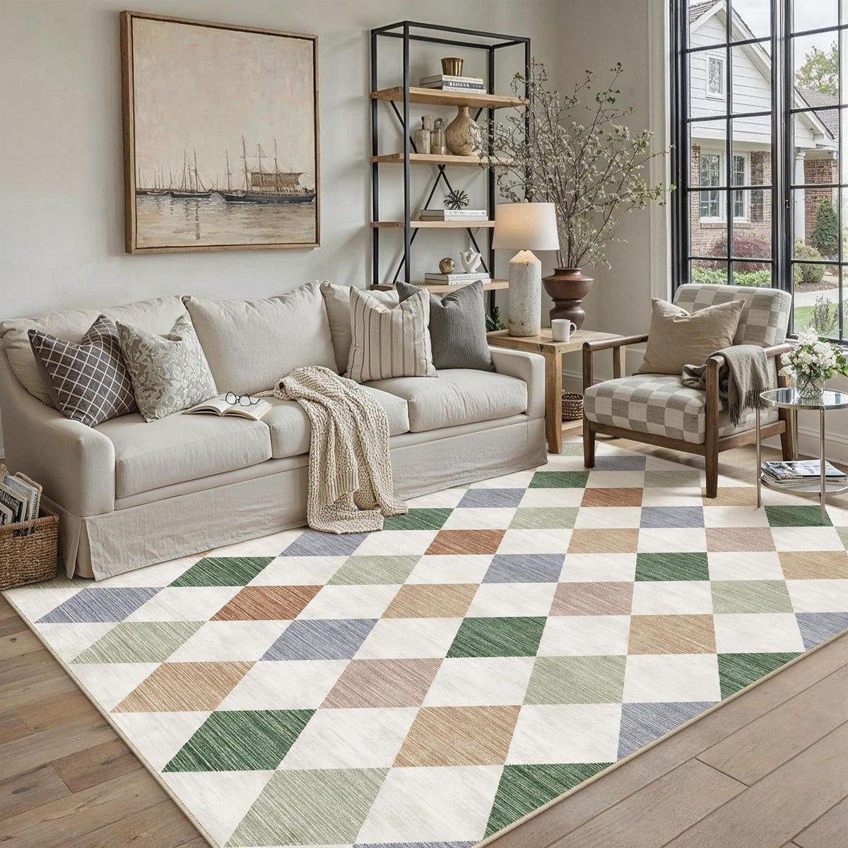 Waschbarer Teppich 120x170cm Kariert Mehrfarbig – Modern & Rutschfest