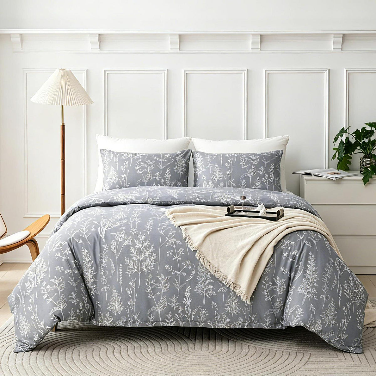Blumen Bettwäsche Set 135x200 cm Grau Botanisch 4-teilig