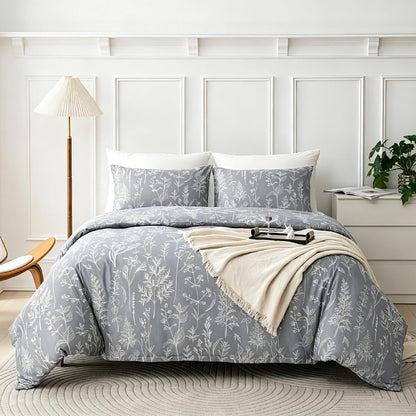 Blumen Bettwäsche Set 135x200 cm Grau Botanisch 4-teilig