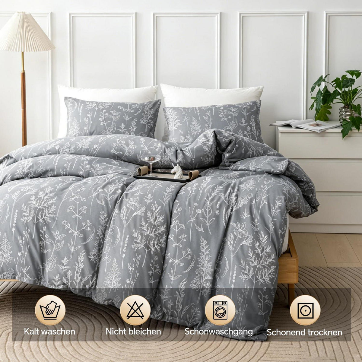 Blumen Bettwäsche Set 135x200 cm Grau Botanisch 4-teilig