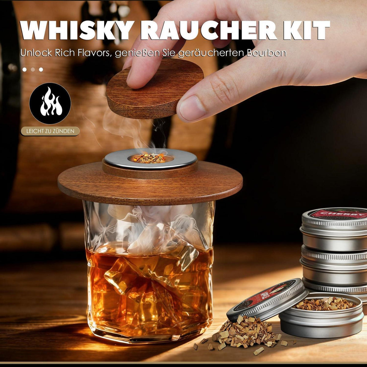 Whisky Räucher Set mit Holzspäne & Edelstahlfilter