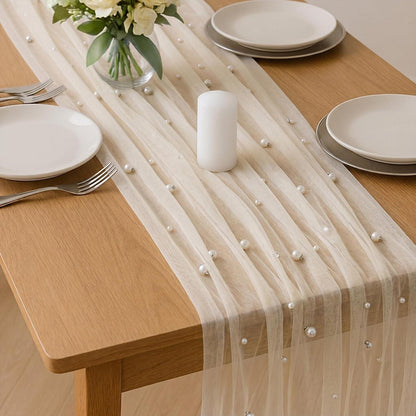 Tischläufer Tüll mit Perlen 75x300cm Beige – Romantische Tischdeko