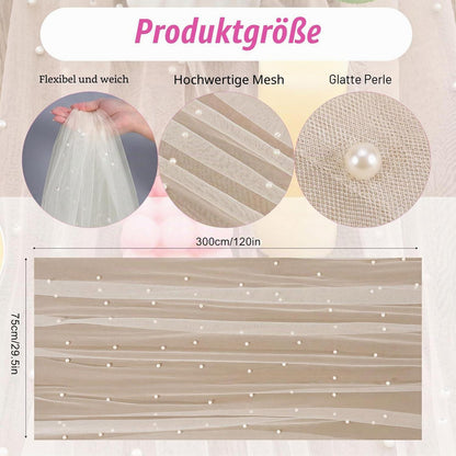 Tischläufer Tüll mit Perlen 75x300cm Beige – Romantische Tischdeko