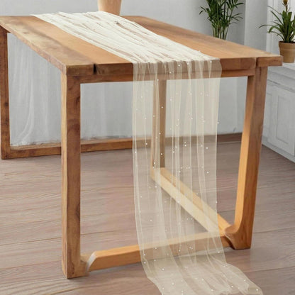 Tischläufer Tüll mit Perlen 75x300cm Beige – Romantische Tischdeko
