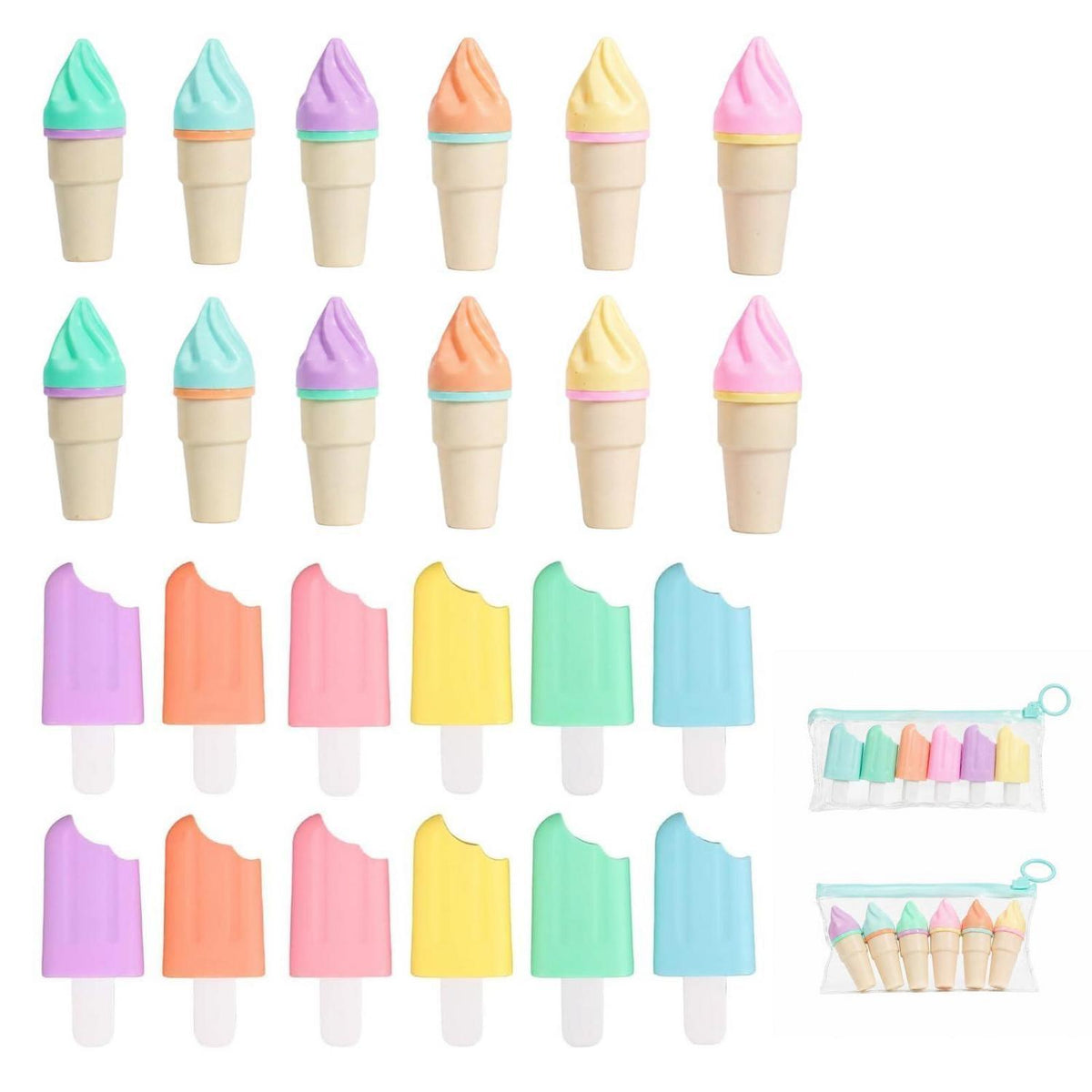 24 Mini Textmarker Set – 6 Pastellfarben, Eisförmig