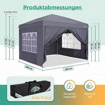 Faltpavillon 3x3 Wasserdicht mit Seitenwänden – Grau