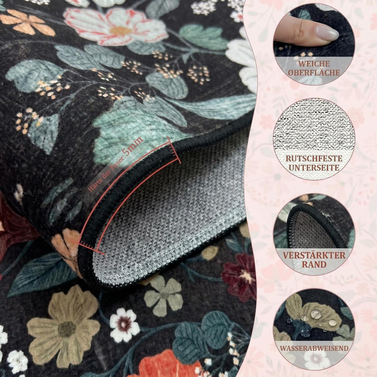 Waschbarer Teppich Schwarz 120x180cm Blumenmuster Boho Wohnzimmer