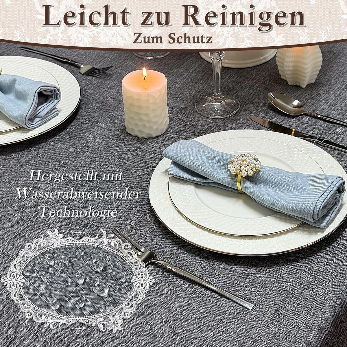 Abwaschbare Leinenoptik Tischdecke Grau 140x240 cm