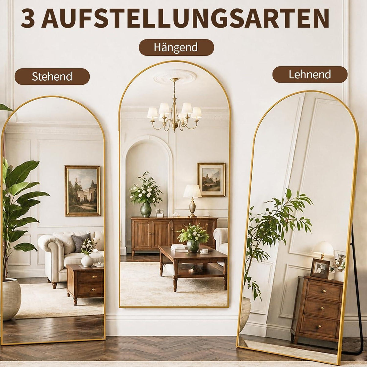Gewölbter Standspiegel 180x71cm – Goldener Ganzkörperspiegel mit Ständer
