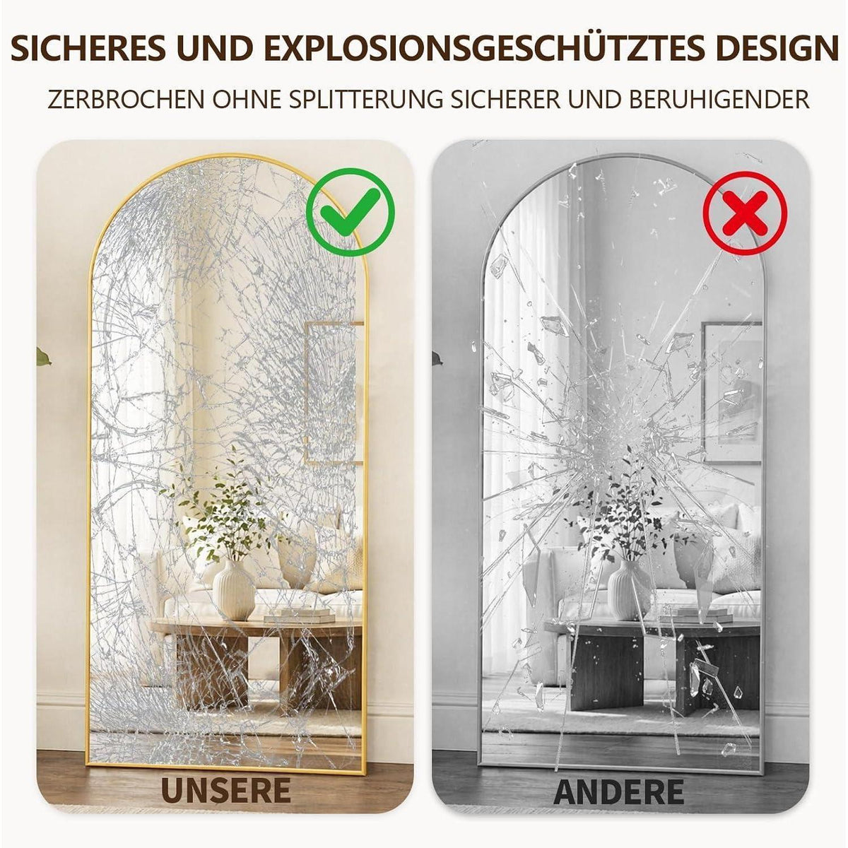 Gewölbter Standspiegel 180x71cm – Goldener Ganzkörperspiegel mit Ständer