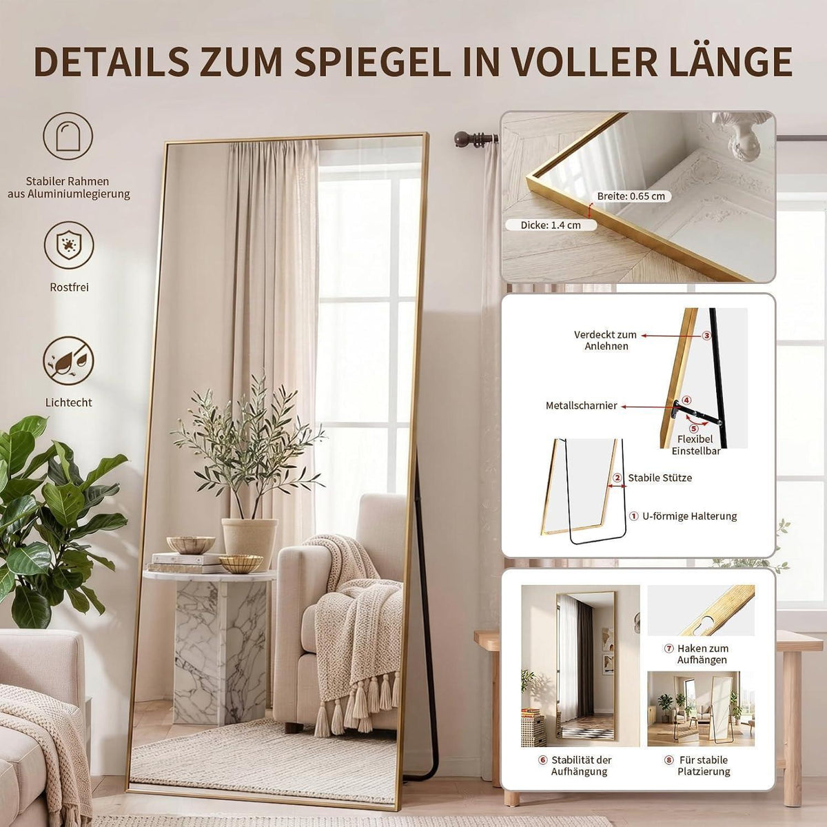 Ganzkörperspiegel 165x60cm – Stand- & Wandspiegel Gold