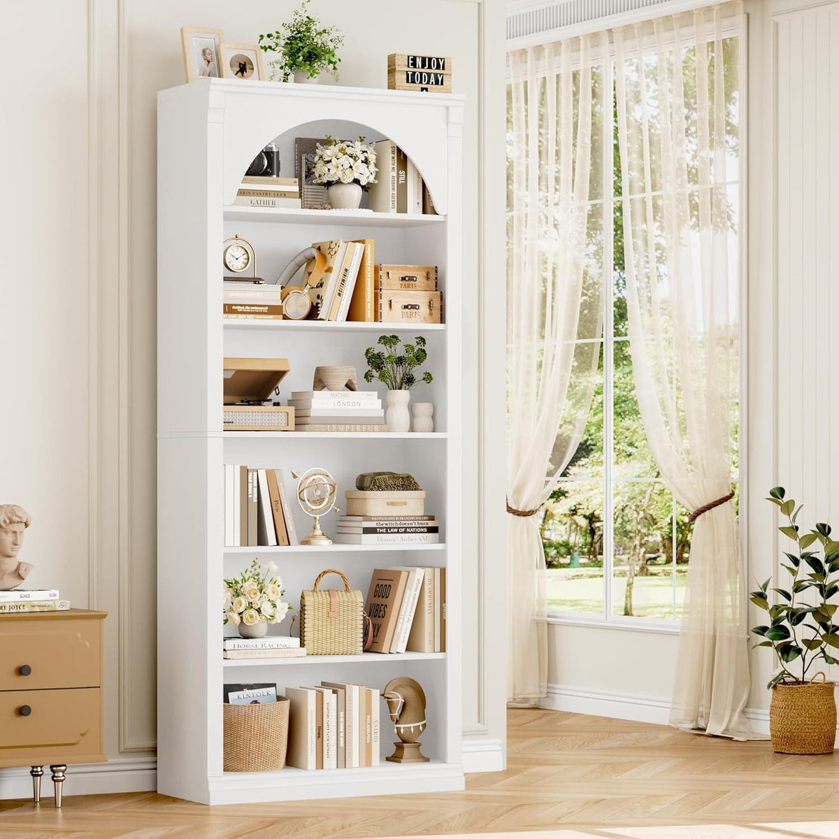 Bücherregal 75 cm | Gewölbter Schrank mit 6 Fächern, Weiß