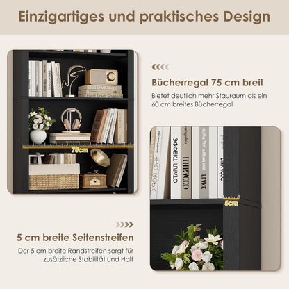 Bücherregal 75 cm | Gewölbter Schrank mit 6 Fächern, Schwarz