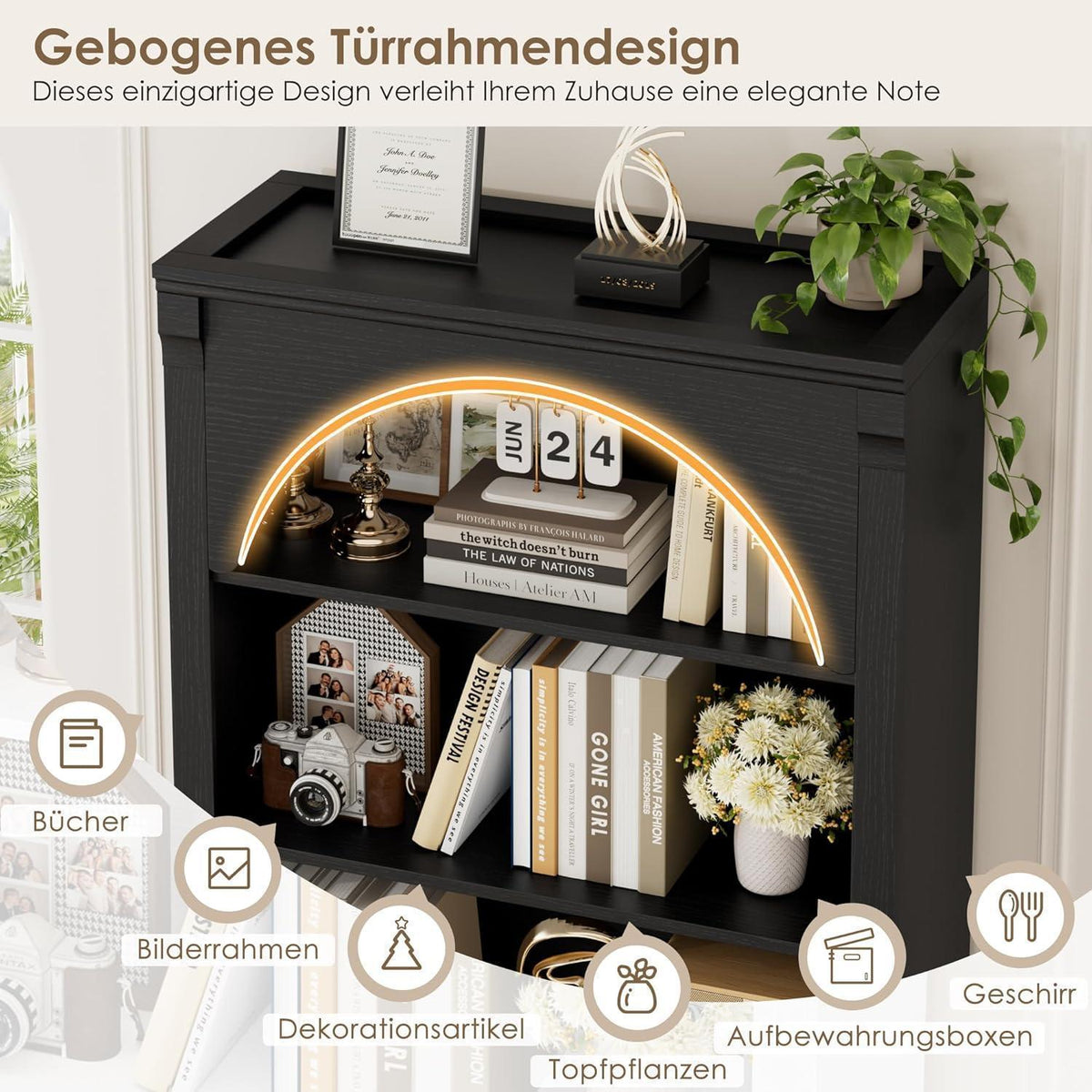 Bücherregal 75 cm | Gewölbter Schrank mit 6 Fächern, Schwarz