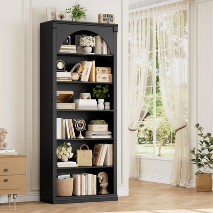 Bücherregal 75 cm | Gewölbter Schrank mit 6 Fächern, Schwarz