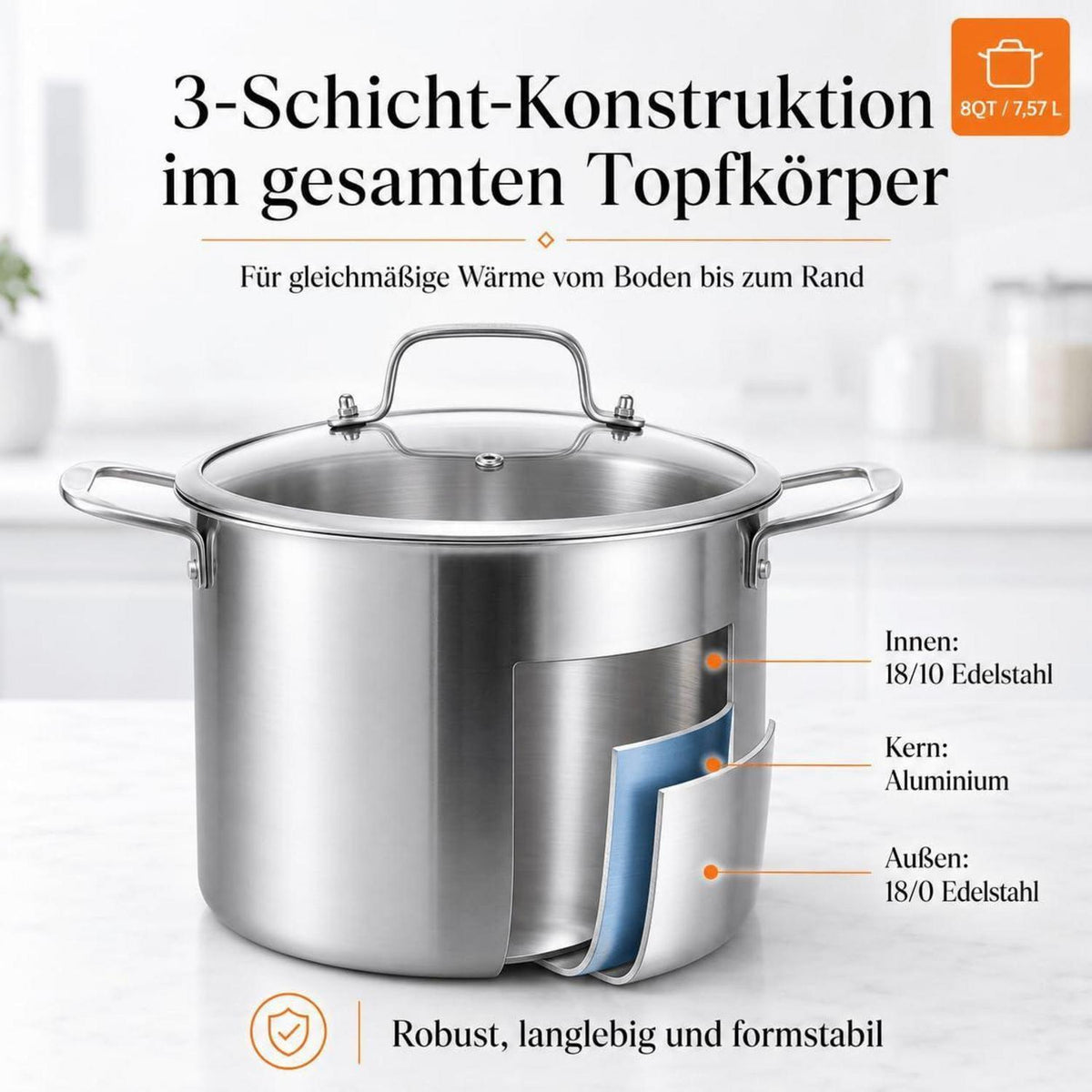 Edelstahl Kochtopf 24 cm mit Deckel – Induktion & 7,6 L