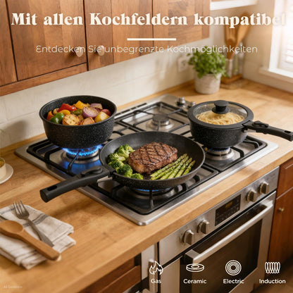 18-teiliges Kochgeschirr Set mit abnehmbaren Griffen & Granitbeschichtung