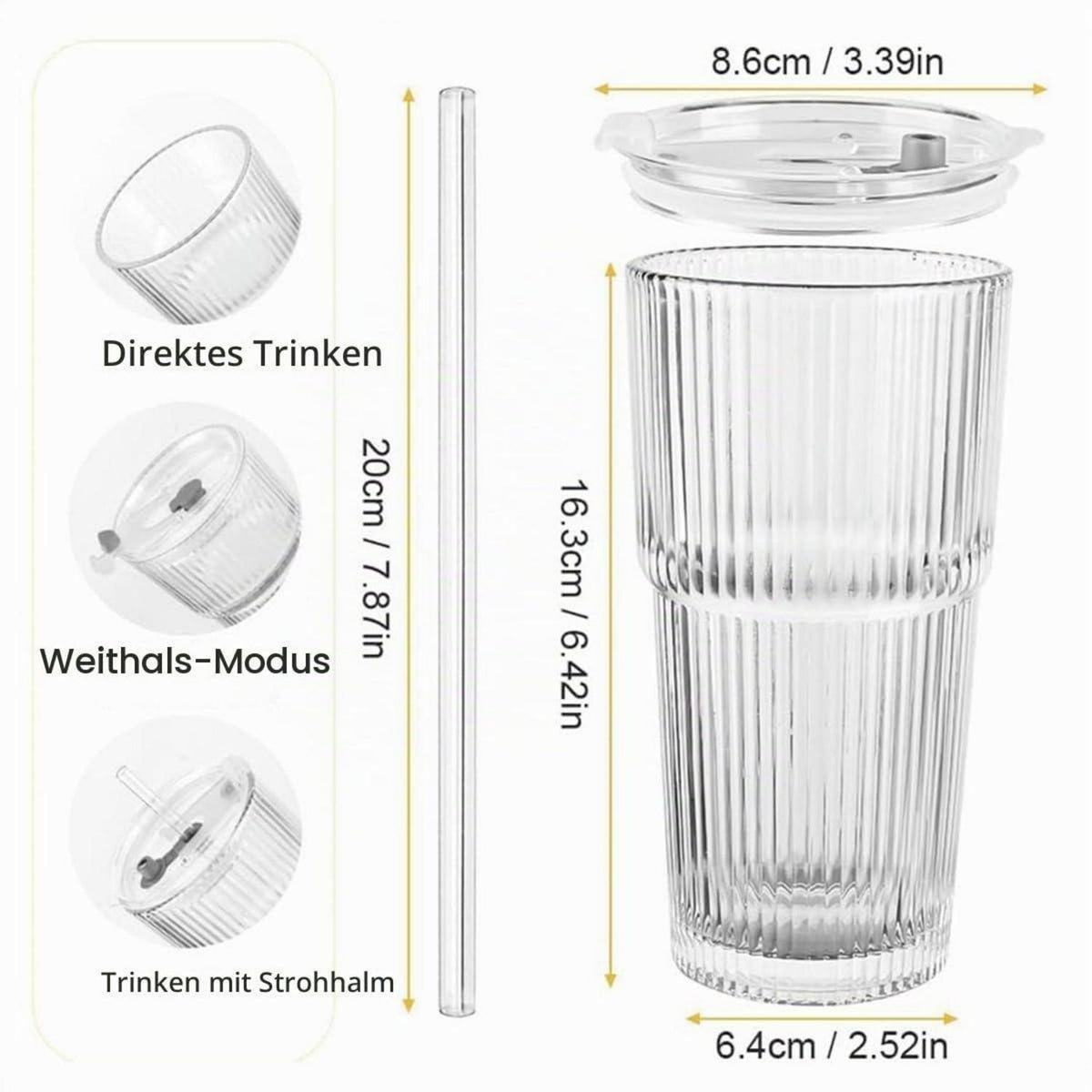 2 Glas Trinkbecher mit Deckel & Strohhalm – 600ml